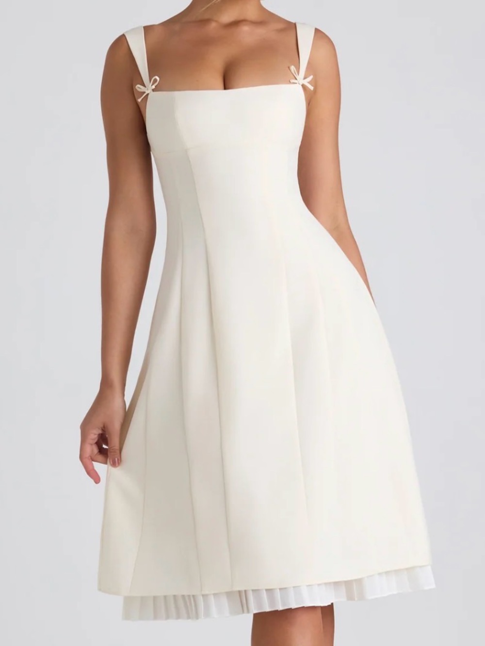 Oh Polly Cream Midi A-Line Dress with Pleated Hem